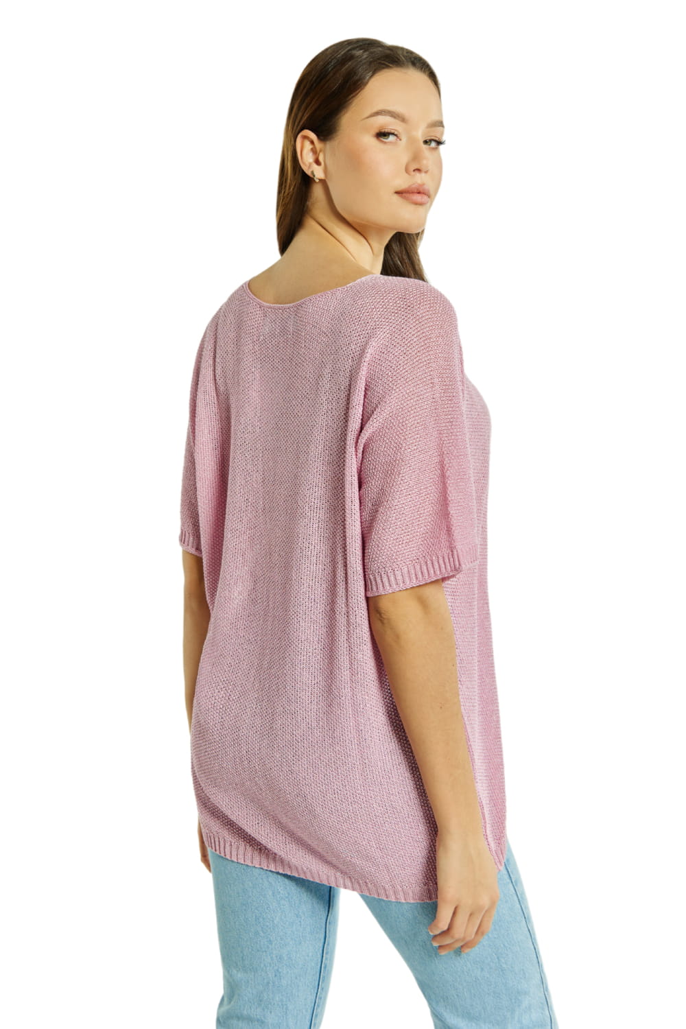 Sweter Damski, Model: Sw-Estera-Uni, Kolor: różowy, Skład materiału: 80% Wiskoza; 11% Poliamid; 9% Metaliczna Nić (Sweter Damski, zdjęcie 3)