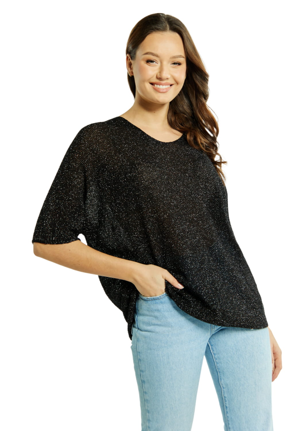 Sweter Damski, Model: Sw-Estera-Uni, Kolor: multi czarny, Skład materiału: 80% Wiskoza; 11% Poliamid; 9% Metaliczna Nić