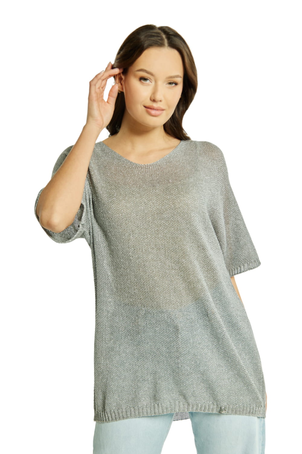 Sweter Damski, Model: Sw-Estera-Uni, Kolor: srebrny, Skład materiału: 80% Wiskoza; 11% Poliamid; 9% Metaliczna Nić