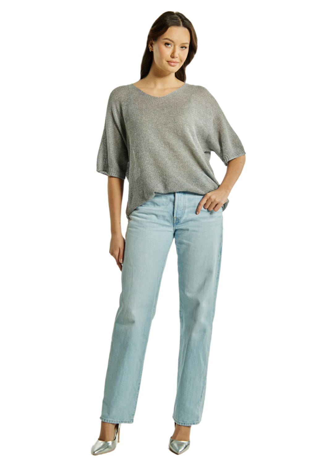 Sweter Damski, Model: Sw-Estera-Uni, Kolor: srebrny, Skład materiału: 80% Wiskoza; 11% Poliamid; 9% Metaliczna Nić (Sweter Damski, zdjęcie 2)