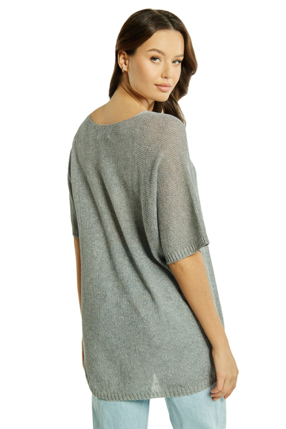 Sweter Damski, Model: Sw-Estera-Uni, Kolor: srebrny, Skład materiału: 80% Wiskoza; 11% Poliamid; 9% Metaliczna Nić (Sweter Damski, zdjęcie 3)