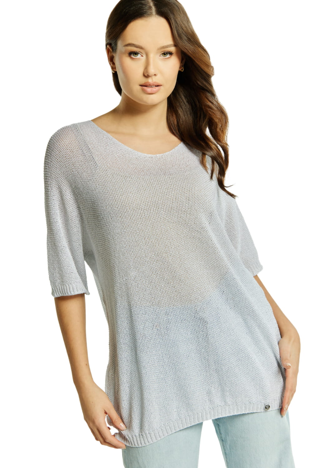 Sweter Damski, Model: Sw-Estera-Uni, Kolor: szary, Skład materiału: 80% Wiskoza; 11% Poliamid; 9% Metaliczna Nić