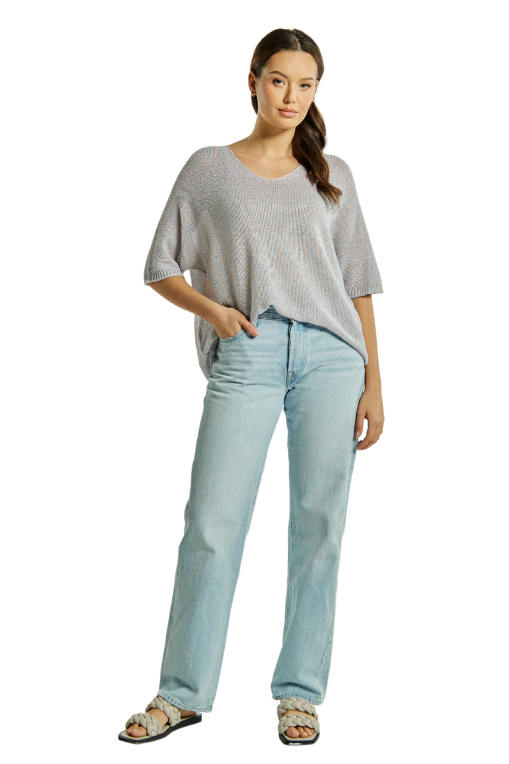 Sweter Damski, Model: Sw-Estera-Uni, Kolor: multi bialy, Skład materiału: 80% Wiskoza; 11% Poliamid; 9% Metaliczna Nić (Sweter Damski, zdjęcie 3)