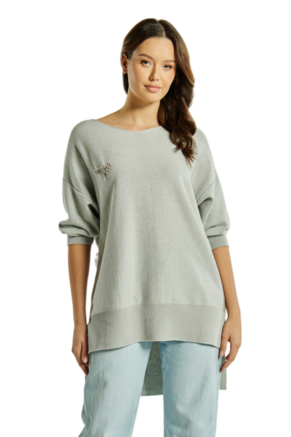 Sweter Damski, Model: Sw-Azalia-Uni, Kolor: srebrny, Skład materiału: 50% Bawełna ; 50% Akryl, Przeznaczenie: Wielosezonowe (Sweter Damski, zdjęcie 2)