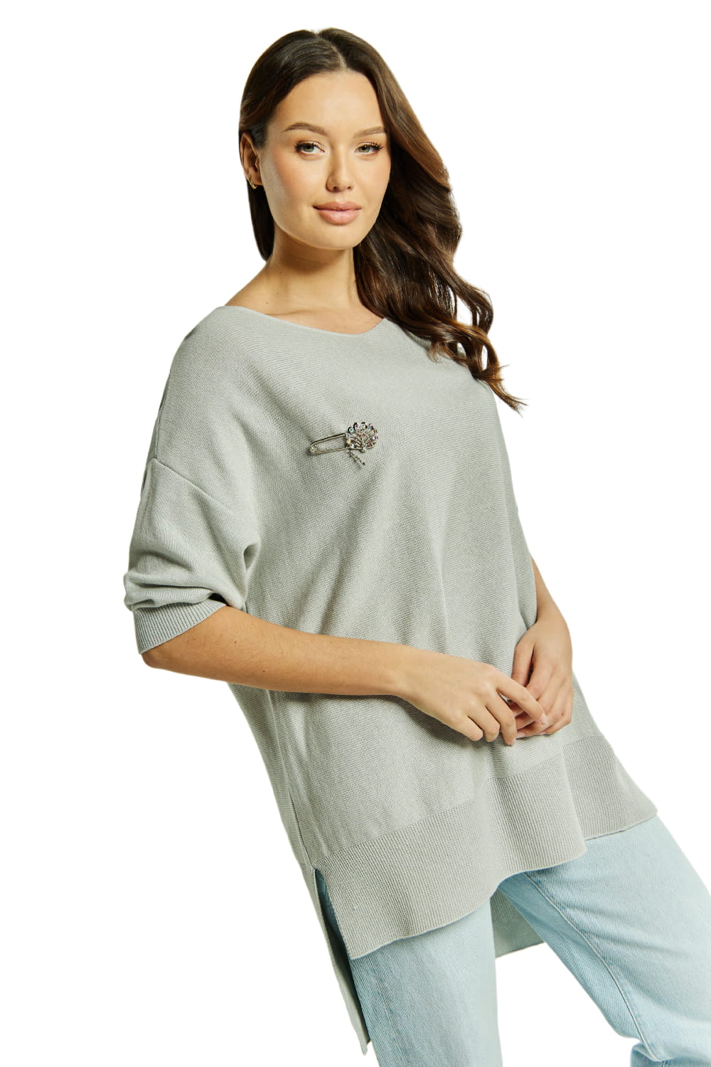 Sweter Damski, Model: Sw-Azalia-Uni, Kolor: srebrny, Skład materiału: 50% Bawełna ; 50% Akryl, Przeznaczenie: Wielosezonowe