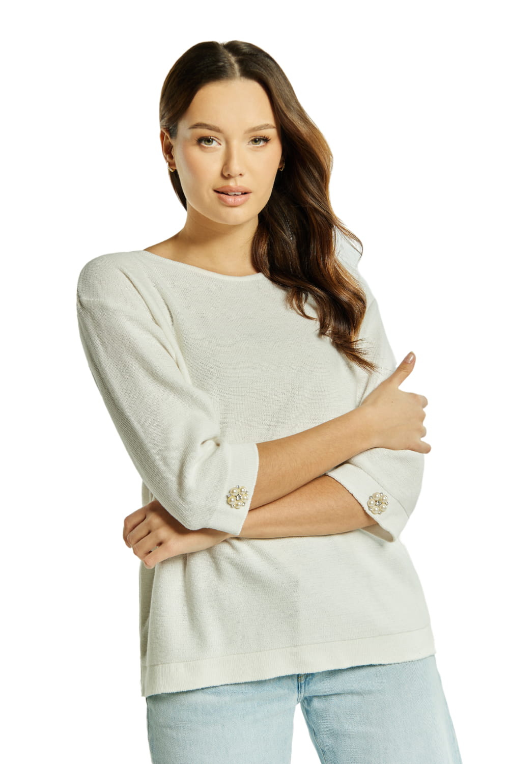 Sweter Damski, Model: Sw-Kalina-M, Kolor: biały, Skład materiału: 50% Bawełna ; 50% Akryl