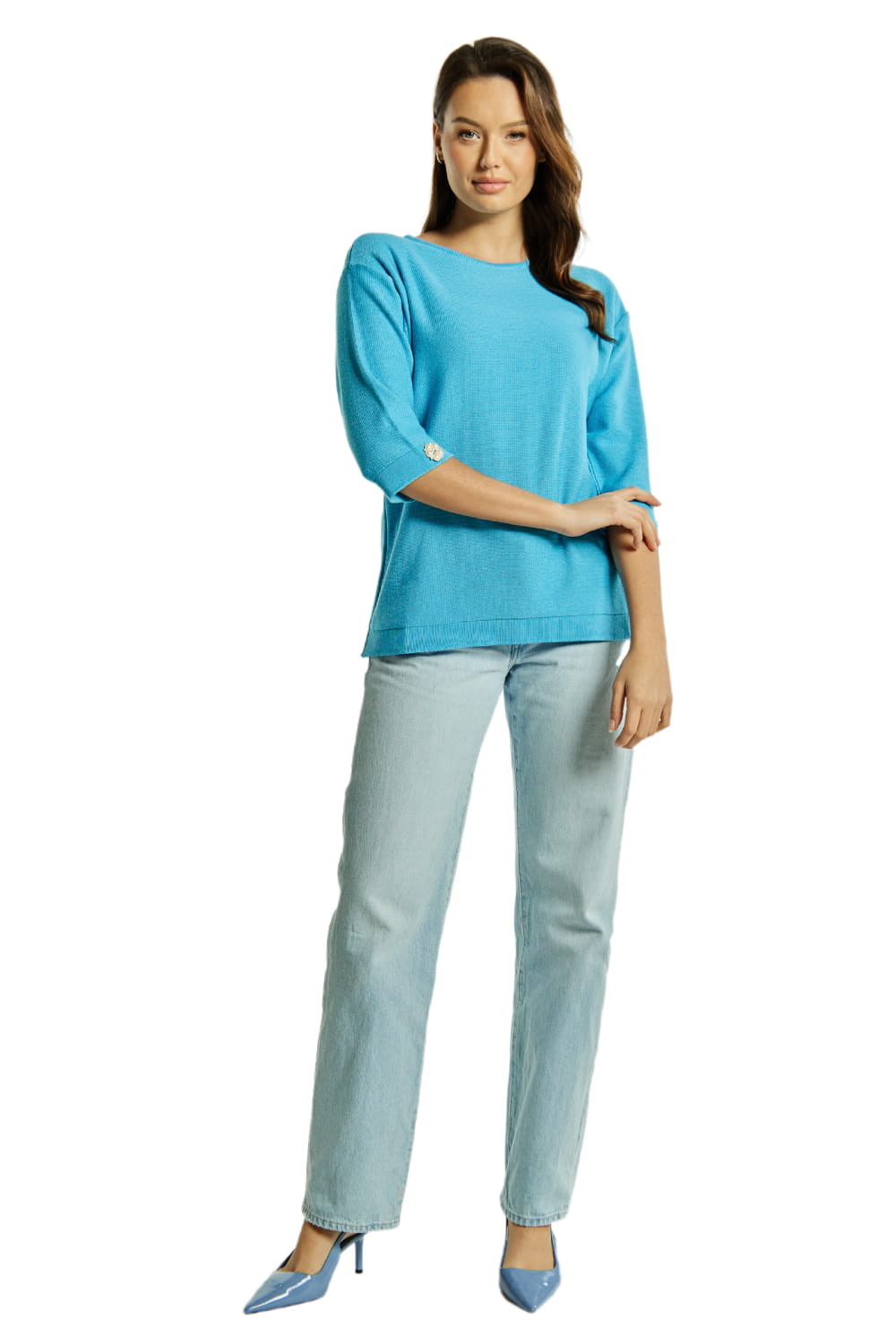 Sweter Damski, Model: Sw-Kalina-L, Kolor: niebieski, Skład materiału: 50% Bawełna ; 50% Akryl (Sweter Damski, zdjęcie 3)