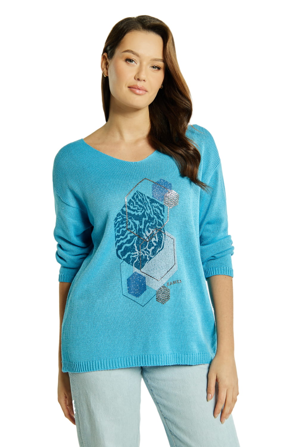 Sweter Damski, Model: Sw-Flawia-S/M, Kolor: niebieski, Skład materiału: 50% Bawełna ; 50% Akryl