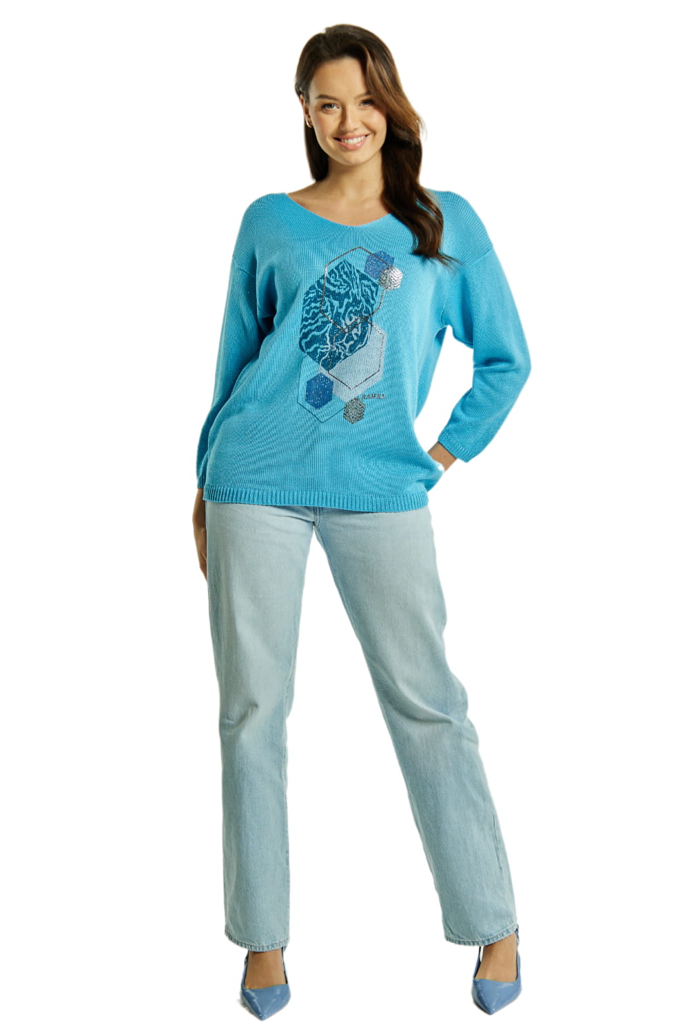 Sweter Damski, Model: Sw-Flawia-S/M, Kolor: niebieski, Skład materiału: 50% Bawełna ; 50% Akryl (Sweter Damski, zdjęcie 3)