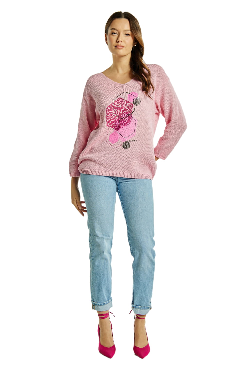 Sweter Damski, Model: Sw-Flawia-L/Xl, Kolor: różowy, Skład materiału: 50% Bawełna ; 50% Akryl (Sweter Damski, zdjęcie 3)