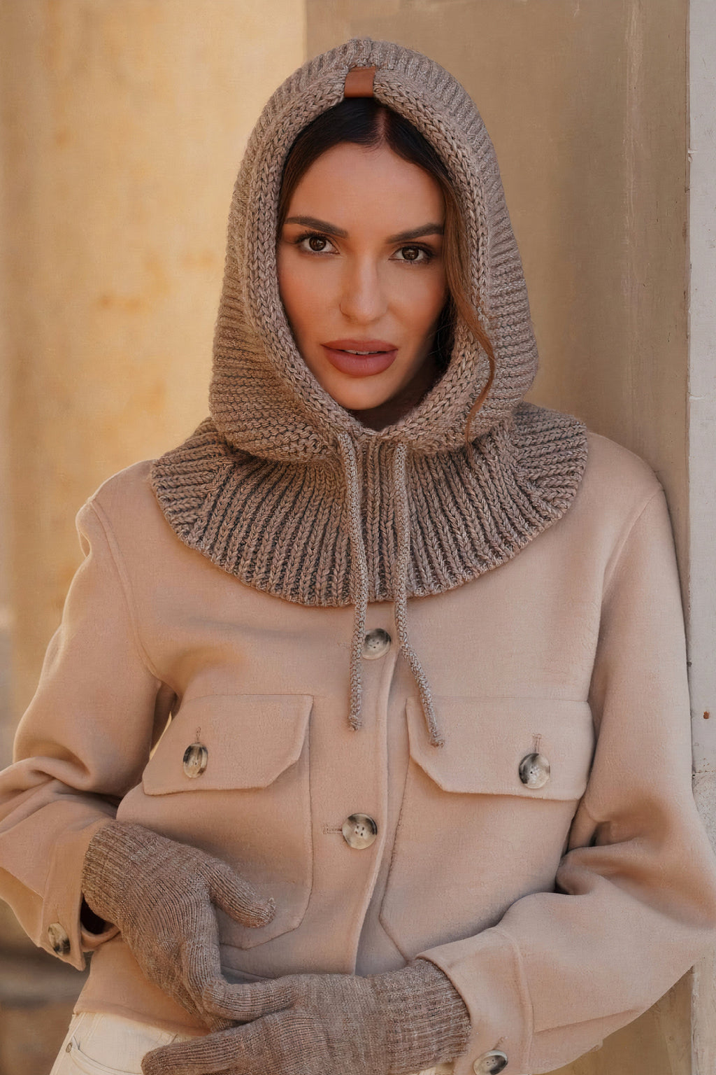 Kaptur Damski, Model: Kaptur-Majrag, Kolor: cappuccino, Skład materiału: 85% Akryl; 15% Poliamid, Przeznaczenie: Jesień/Zima, Rozmiar: Uniwersalny (Kaptur Damski, zdjęcie 1