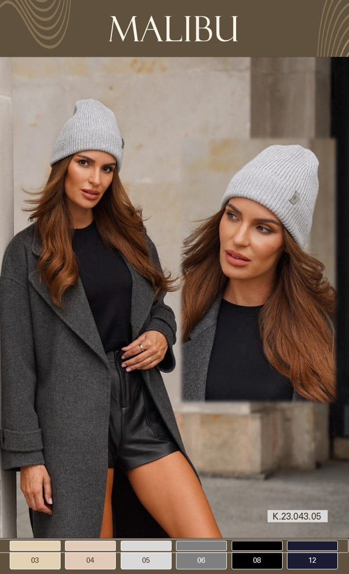 Čepice, Model: Malibu, Barva: světle šedá, Složení materiálu: 10% Kašmír; 33% Merino Extrafine; 33% Viskóza; 24% Polyamid, Určení: Podzim/Zima, Velikost: Univerzální (54-60)