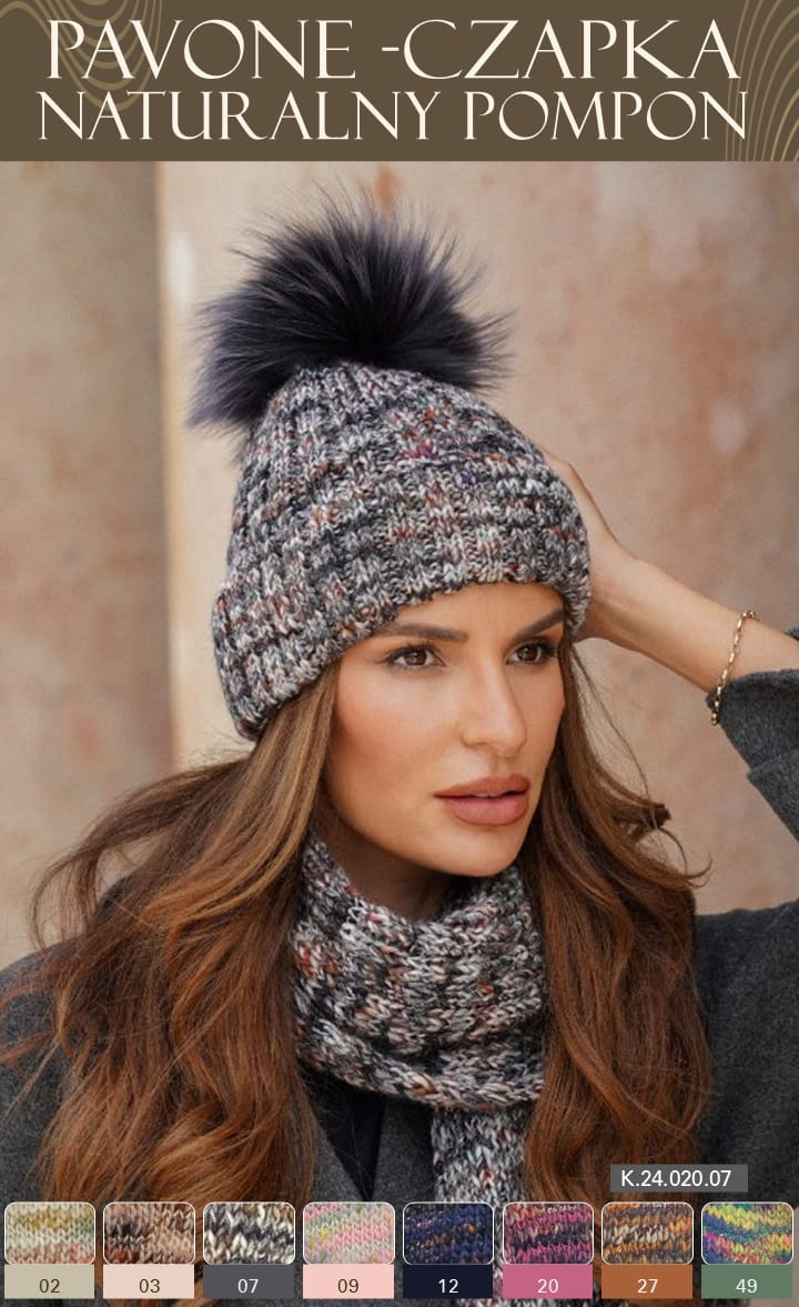 Čepice, Model: Pavone Přírodní Pompon, Barva: grafitová, Složení materiálu: 75% Poliakryl; 25% Vlna, Určení: Podzim/Zima, Velikost: Univerzální (54-60)