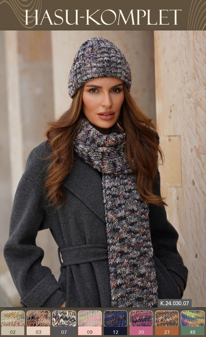 Komplet (Czapka + Szalik), Model: Hasu-Komplet, Kolor: grafitowy, Skład materiału: 75% Poliakryl; 25% Wełna, Przeznaczenie: Jesień/Zima, Wymiary(długość/szerokość): 164cm/26cm