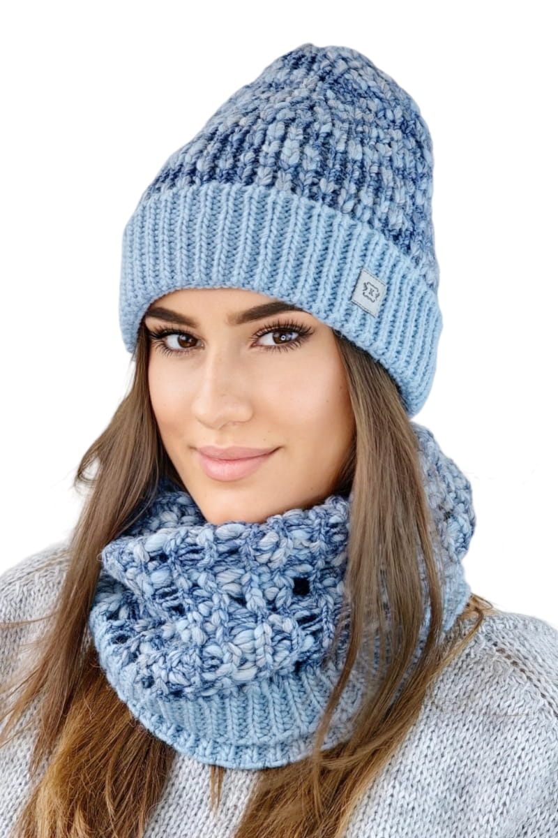 Komplet (Czapka+ Komin), Model: Morela-Komplet, Kolor: błękitny, Skład materiału: 40% Wełna; 37% Poliakryl; 19% Alpaka; 4% Poliester, Rozmiar: Uniwersalny (54-60)