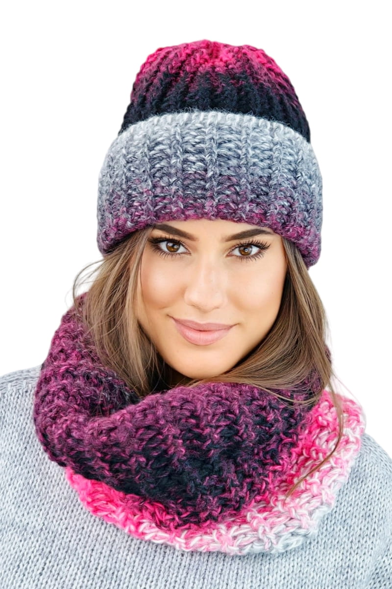 Komplet (Czapka+ Komin), Model: Blues-Komplet, Kolor: malinowy, Skład materiału: 55% Poliakryl; 25% Wełna; 20% Alpaka, Rozmiar: Uniwersalny (54-60)