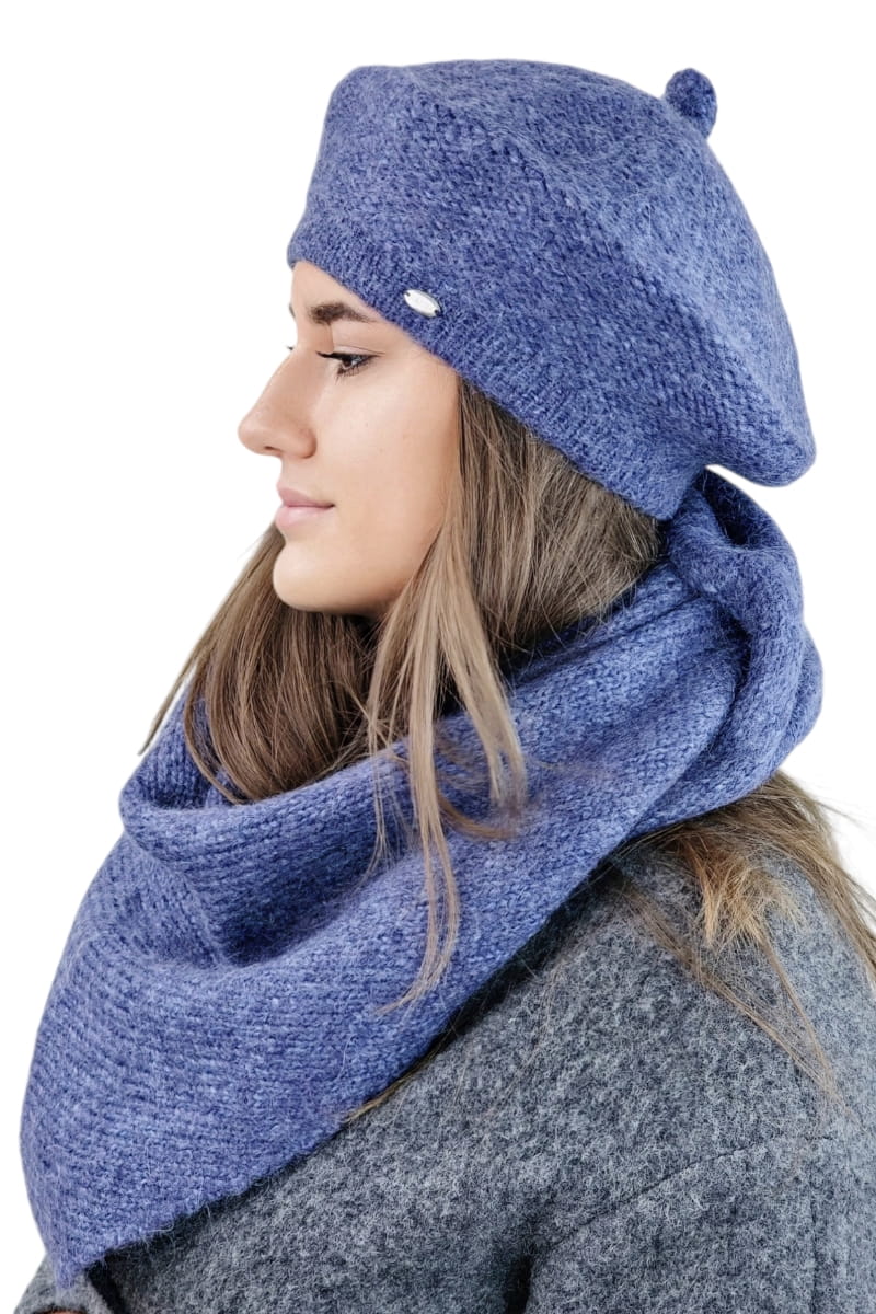 Komplet (Beret + Szalik), Model: Ofelia-Komplet, Kolor: jeansowy, Skład materiału: 30% Poliamid; 19% Poliester; 19% Merynos Wełna; 15% Wiskoza; 15% Kid Moher; 2% Lurex, Rozmiar: Uniwersalny (54-60) (Komplet (Beret + Szalik), zdjęcie 2)