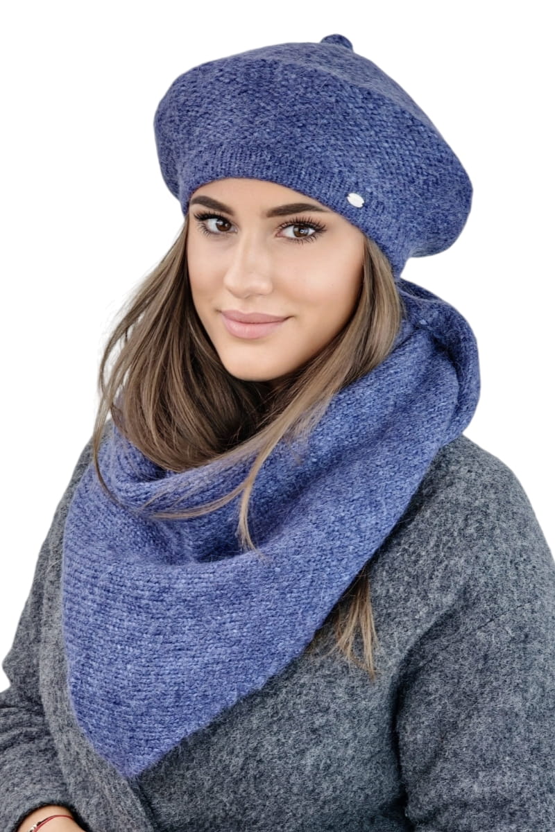 Komplet (Beret + Szalik), Model: Ofelia-Komplet, Kolor: jeansowy, Skład materiału: 30% Poliamid; 19% Poliester; 19% Merynos Wełna; 15% Wiskoza; 15% Kid Moher; 2% Lurex, Rozmiar: Uniwersalny (54-60) (Komplet (Beret + Szalik), zdjęcie 3)
