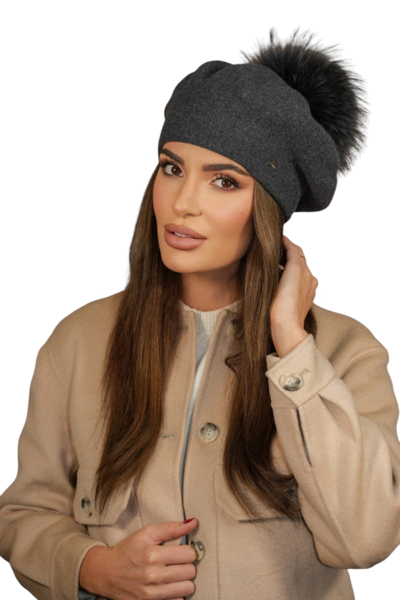 Beret Damski, Model: Fuji, Kolor: grafitowy, Skład materiału: 80% Wełna; 20% Poliamid, Przeznaczenie: Jesień/Zima, Rozmiar: Uniwersalny (54-60) (Beret Damski, zdjęcie 2)