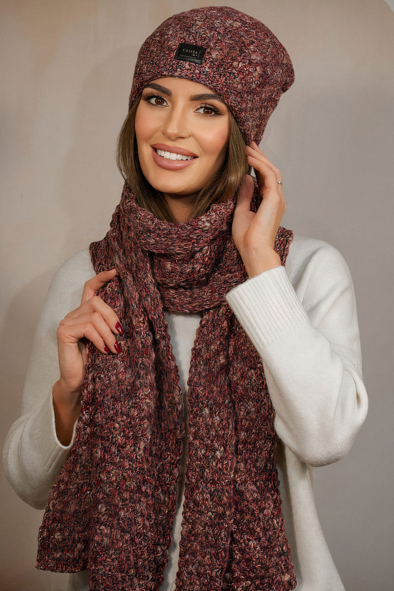 Zimowy Komplet  Czapka Z Szalikiem Kolor Czerwony Kamea- Dotto