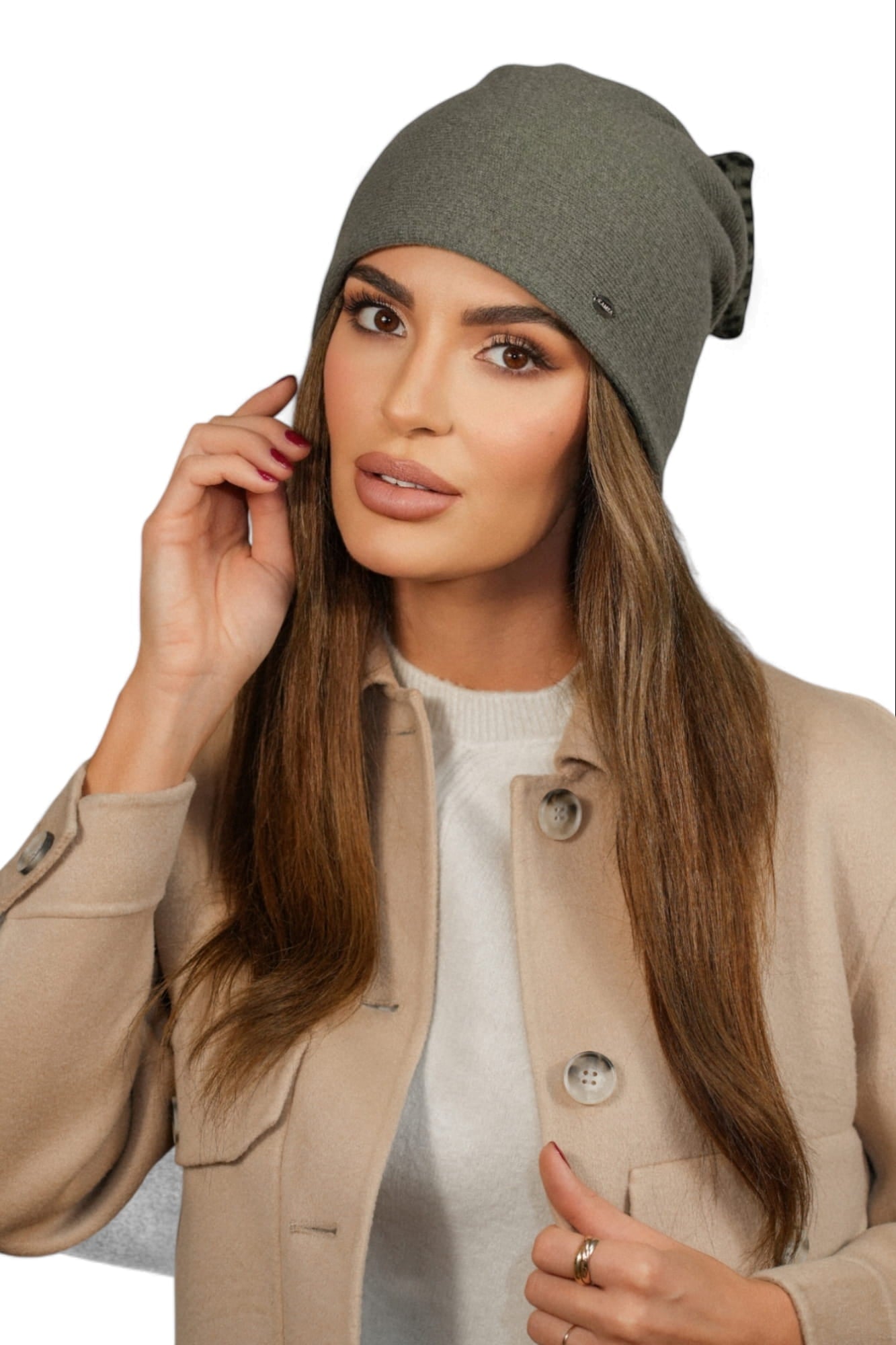 Čepice, Model: Kiku, Barva: khaki, Složení materiálu: 80% Vlna; 20% Polyamid, Určení: Podzim/Zima, Velikost: Univerzální (54-60) (Čepice, fotografie 3)