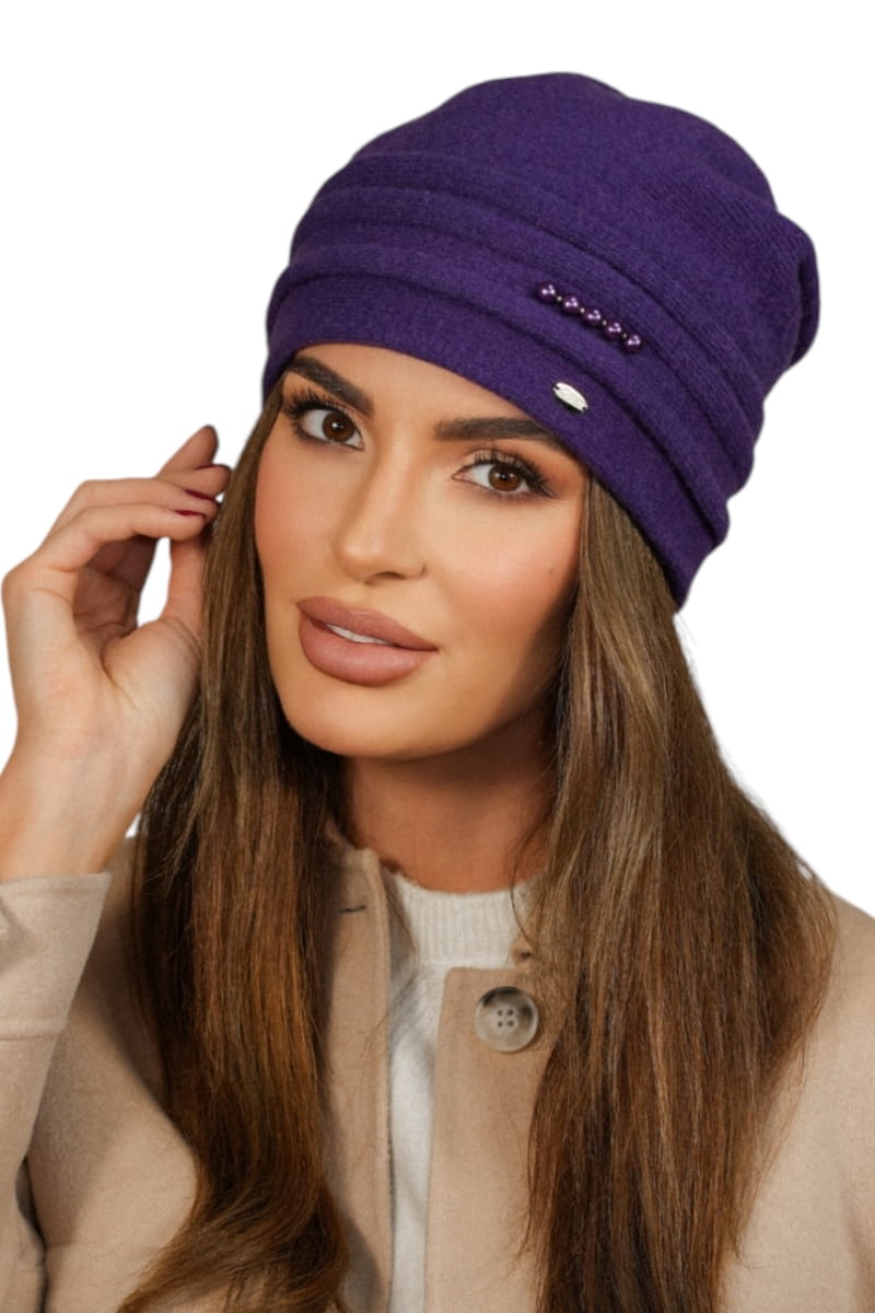 Czapka Damska, Model: Sakura, Kolor: fioletowy, Skład materiału: 80% Wełna; 20% Poliamid, Przeznaczenie: Jesień/Zima, Rozmiar: Uniwersalny (54-60)