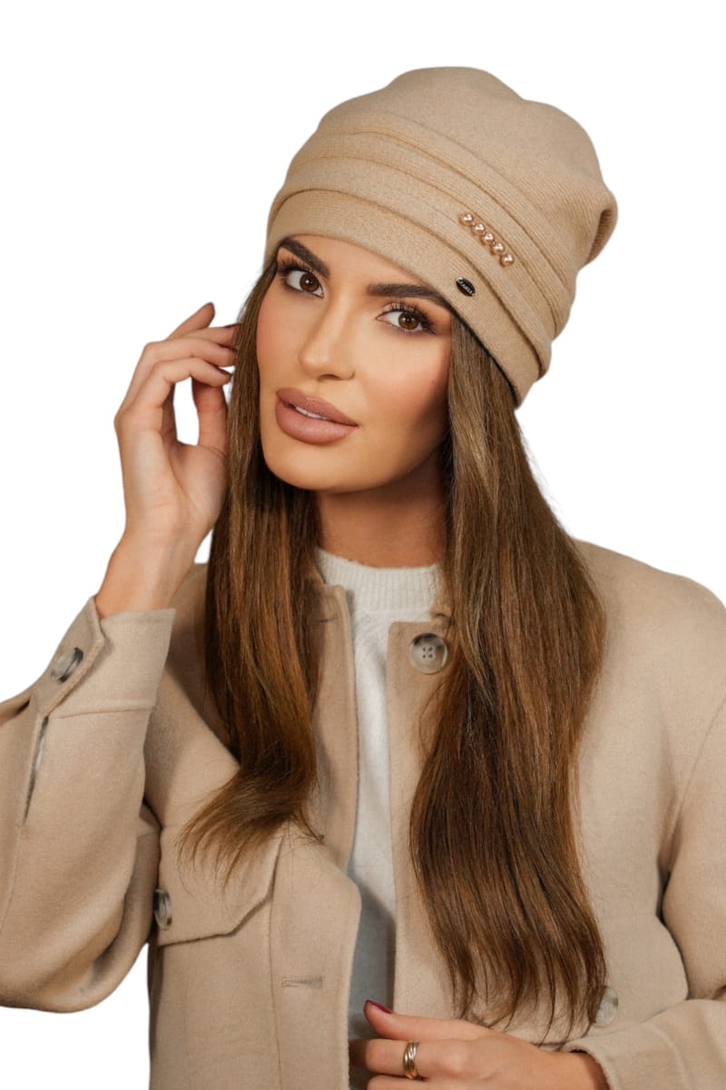 Čepice, Model: Sakura, Barva: camelová, Složení materiálu: 80% Vlna; 20% Polyamid, Určení: Podzim/Zima, Velikost: Univerzální (54-60) (Čepice, fotografie 2)