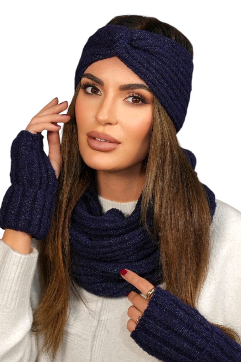 Komplet (Opaska + Komin), Model: Boogi-Komplet, Kolor: granatowy, Skład materiału: 46% Poliakryl; 22% Poliester; 12% Poliamid; 10% Wełna; 5% Alpaka; 4% Poliester Metalik; 1% Elastan, Przeznaczenie: Jesień/Zima, Wymiary(długość/szerokość): 64cm/28cm