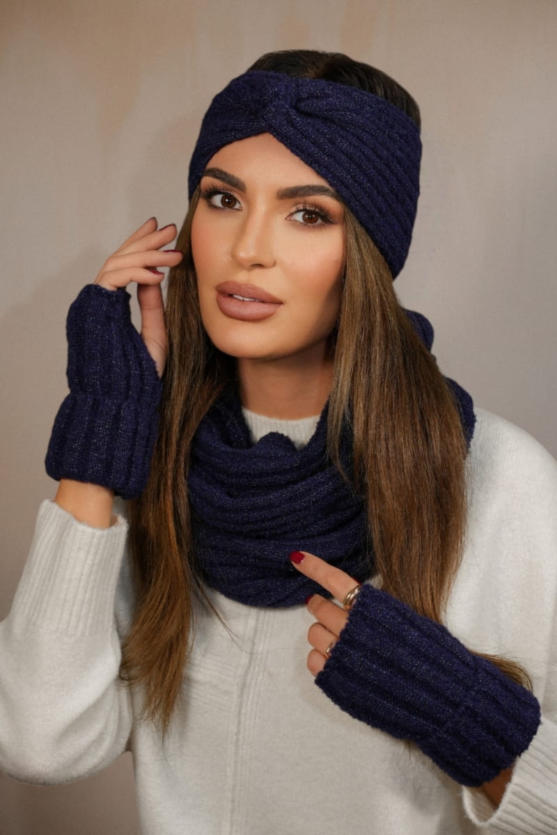 Komplet (Opaska + Komin), Model: Boogi-Komplet, Kolor: granatowy, Skład materiału: 46% Poliakryl; 22% Poliester; 12% Poliamid; 10% Wełna; 5% Alpaka; 4% Poliester Metalik; 1% Elastan, Przeznaczenie: Jesień/Zima, Wymiary(długość/szerokość): 64cm/28cm (Komplet (Opaska + Komin), zdjęcie 3)