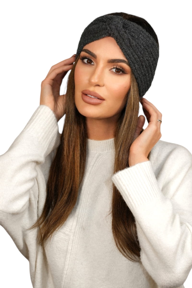 Opaska Damska, Model: Boogi-Opaska, Kolor: grafitowy, Skład materiału: 46% Poliakryl; 22% Poliester; 12% Poliamid; 10% Wełna; 5% Alpaka; 4% Poliester Metalik; 1% Elastan, Przeznaczenie: Jesień/Zima, Rozmiar: Uniwersalny (54-60) (Opaska Damska, zdjęcie 2)