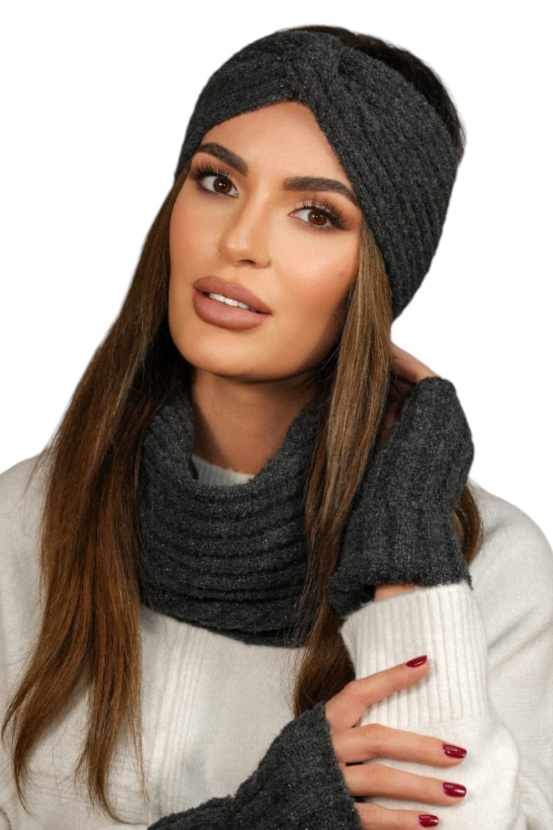 Komplet (Opaska + Komin), Model: Boogi-Komplet, Kolor: grafitowy, Skład materiału: 46% Poliakryl; 22% Poliester; 12% Poliamid; 10% Wełna; 5% Alpaka; 4% Poliester Metalik; 1% Elastan, Przeznaczenie: Jesień/Zima, Wymiary(długość/szerokość): 64cm/28cm