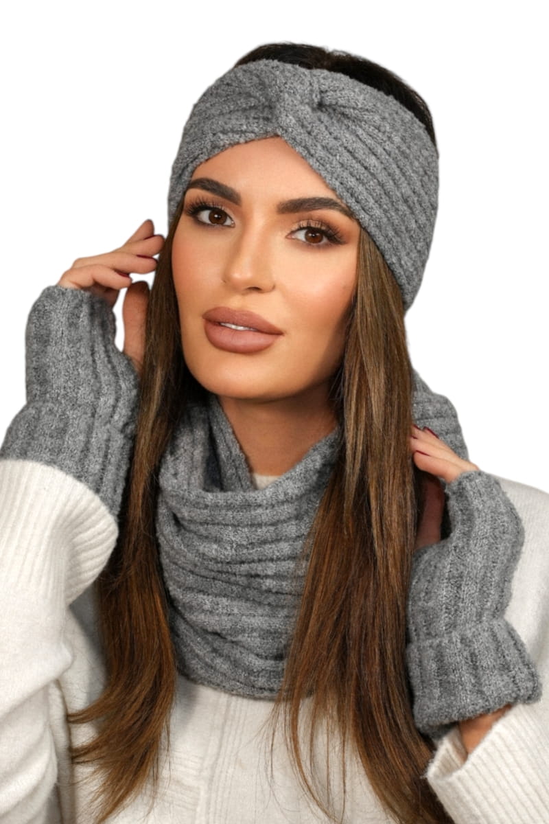 Komplet (Opaska + Komin), Model: Boogi-Komplet, Kolor: szary, Skład materiału: 46% Poliakryl; 22% Poliester; 12% Poliamid; 10% Wełna; 5% Alpaka; 4% Poliester Metalik; 1% Elastan, Przeznaczenie: Jesień/Zima, Wymiary(długość/szerokość): 64cm/28cm