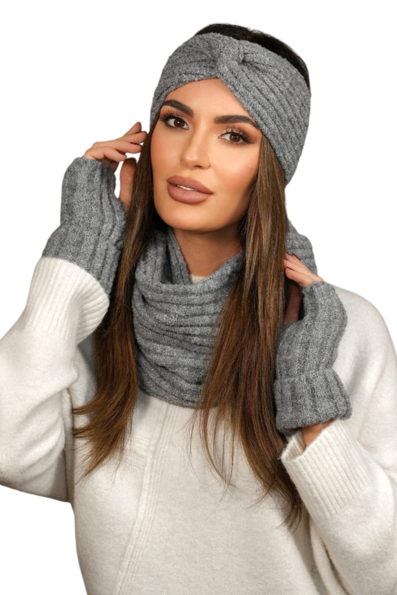 Komplet (Opaska + Komin), Model: Boogi-Komplet, Kolor: szary, Skład materiału: 46% Poliakryl; 22% Poliester; 12% Poliamid; 10% Wełna; 5% Alpaka; 4% Poliester Metalik; 1% Elastan, Przeznaczenie: Jesień/Zima, Wymiary(długość/szerokość): 64cm/28cm (Komplet (Opaska + Komin), zdjęcie 2)