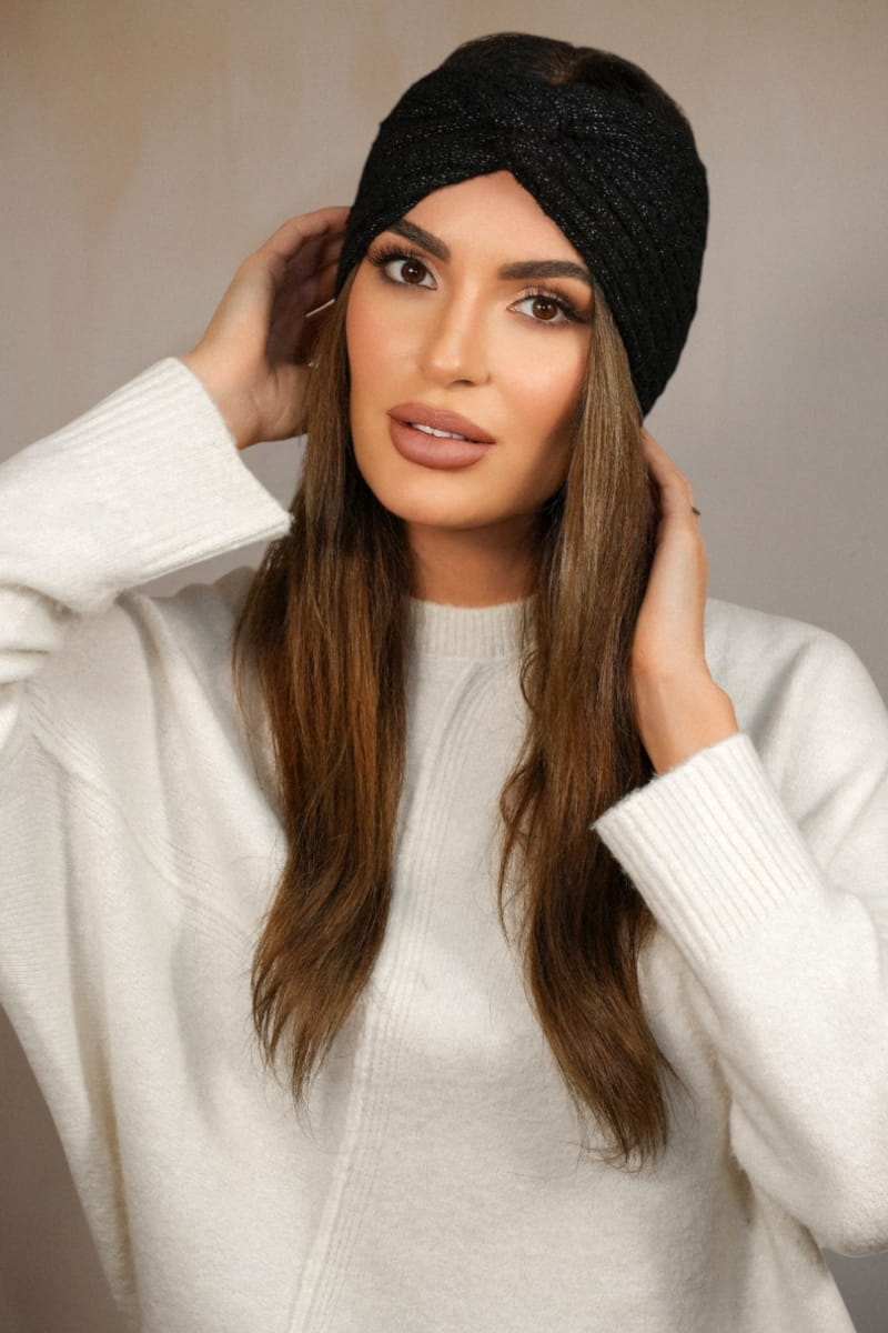 Opaska Damska, Model: Boogi-Opaska, Kolor: czarny, Skład materiału: 46% Poliakryl; 22% Poliester; 12% Poliamid; 10% Wełna; 5% Alpaka; 4% Poliester Metalik; 1% Elastan, Przeznaczenie: Jesień/Zima, Rozmiar: Uniwersalny (54-60) (Opaska Damska, zdjęcie 3)