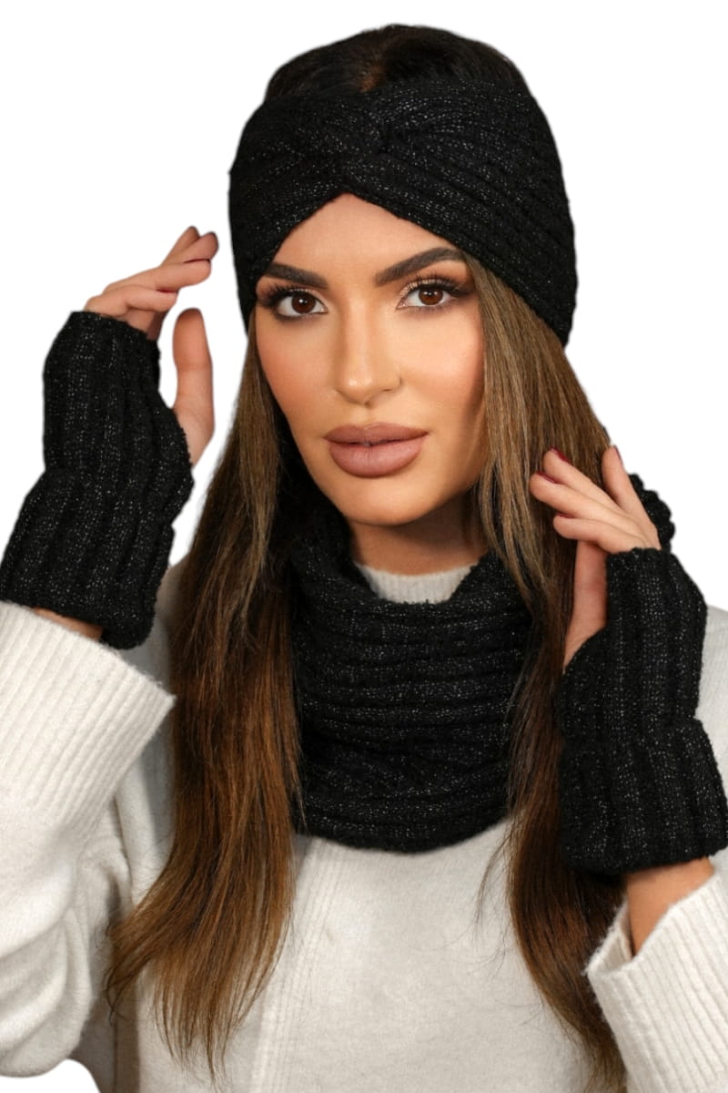 Komplet (Opaska + Komin), Model: Boogi-Komplet, Kolor: czarny, Skład materiału: 46% Poliakryl; 22% Poliester; 12% Poliamid; 10% Wełna; 5% Alpaka; 4% Poliester Metalik; 1% Elastan, Przeznaczenie: Jesień/Zima, Wymiary(długość/szerokość): 64cm/28cm