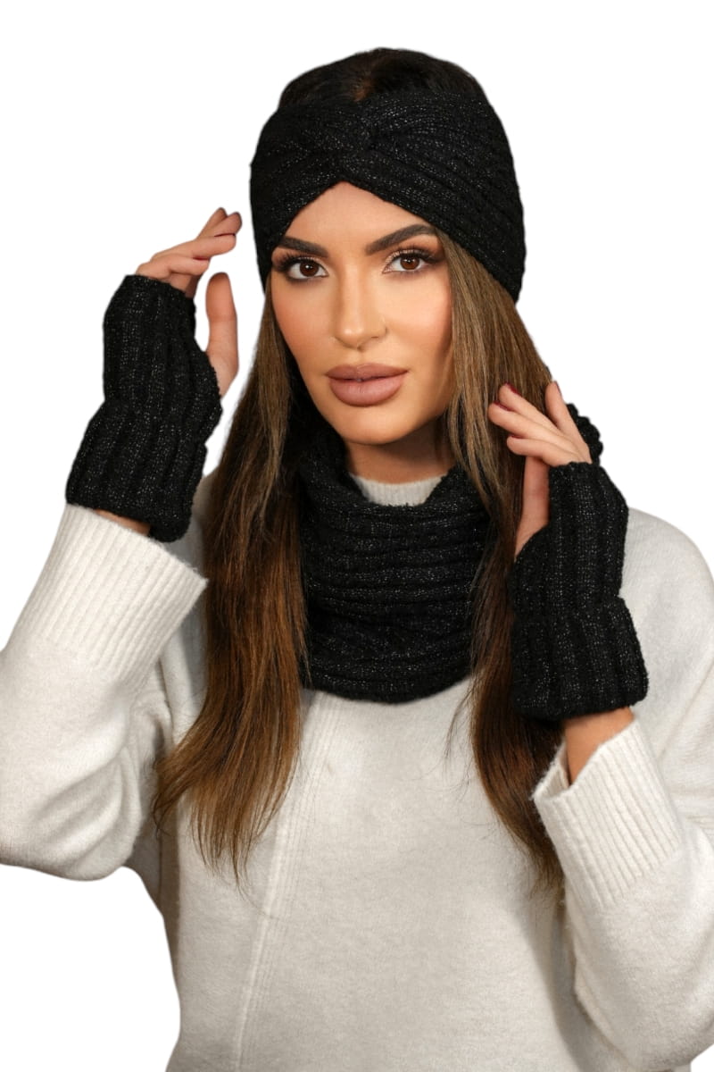 Komplet (Opaska + Komin), Model: Boogi-Komplet, Kolor: czarny, Skład materiału: 46% Poliakryl; 22% Poliester; 12% Poliamid; 10% Wełna; 5% Alpaka; 4% Poliester Metalik; 1% Elastan, Przeznaczenie: Jesień/Zima, Wymiary(długość/szerokość): 64cm/28cm (Komplet (Opaska + Komin), zdjęcie 2)