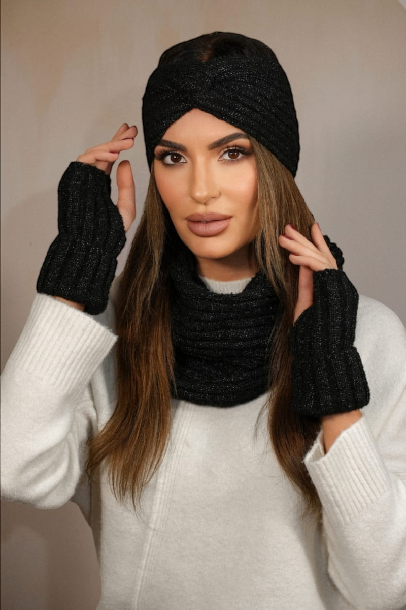 Komplet (Opaska + Komin), Model: Boogi-Komplet, Kolor: czarny, Skład materiału: 46% Poliakryl; 22% Poliester; 12% Poliamid; 10% Wełna; 5% Alpaka; 4% Poliester Metalik; 1% Elastan, Przeznaczenie: Jesień/Zima, Wymiary(długość/szerokość): 64cm/28cm (Komplet (Opaska + Komin), zdjęcie 3)