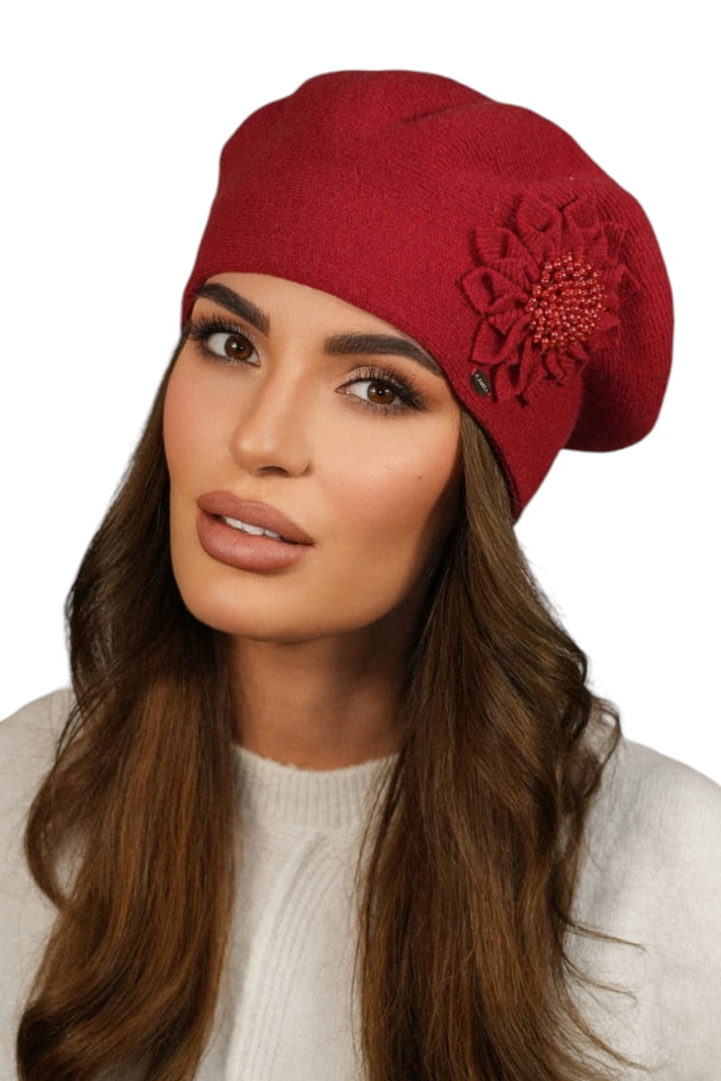 Beret Damski, Model: Peonia, Kolor: czerwony, Skład materiału: 80% Wełna; 20% Poliamid, Przeznaczenie: Jesień/Zima, Rozmiar: Uniwersalny (54-60)