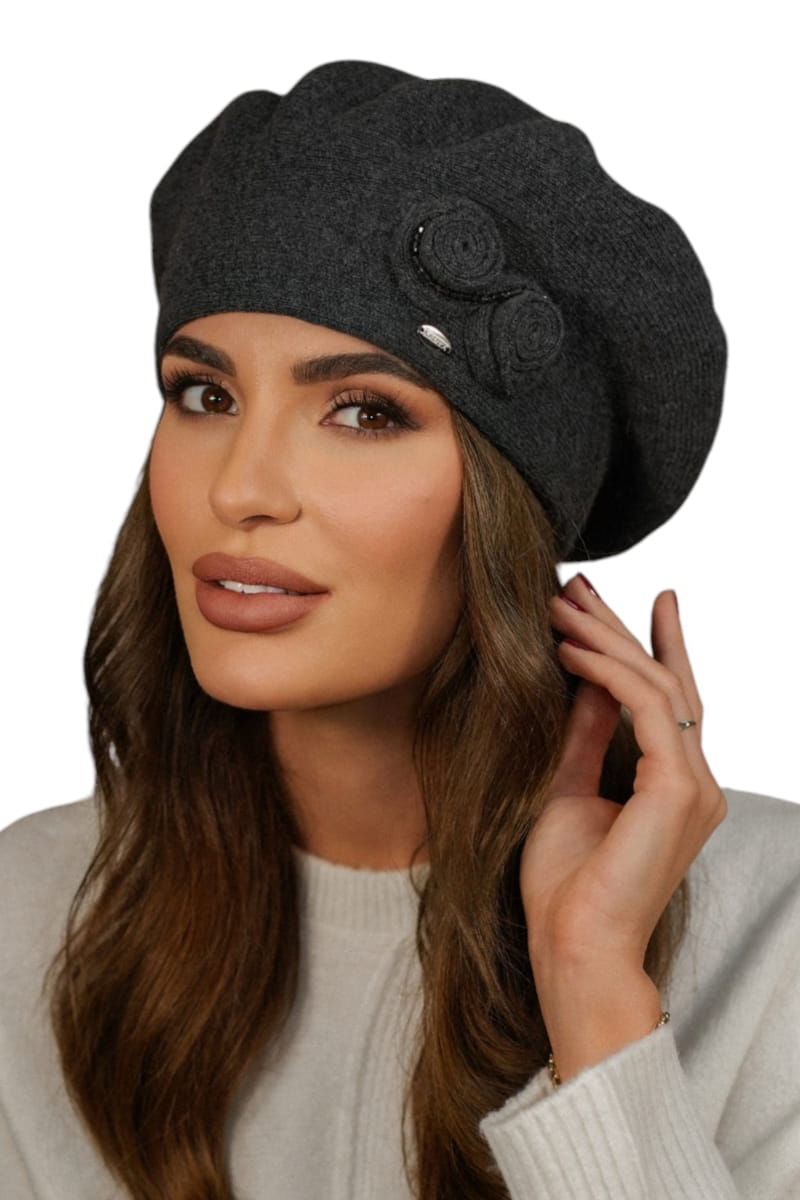 Beret Damski, Model: Bara, Kolor: grafitowy, Skład materiału: 80% Wełna; 20% Poliamid, Przeznaczenie: Jesień/Zima, Rozmiar: Uniwersalny (54-60)