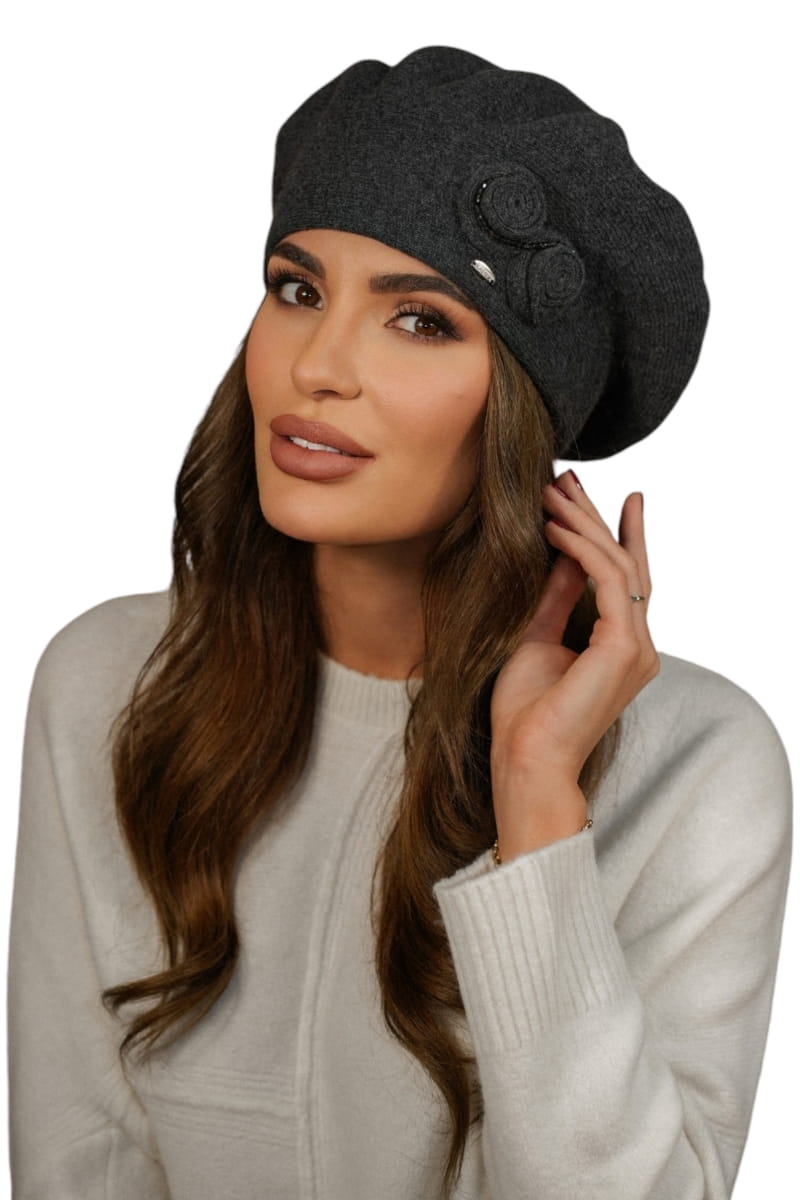 Beret Damski, Model: Bara, Kolor: grafitowy, Skład materiału: 80% Wełna; 20% Poliamid, Przeznaczenie: Jesień/Zima, Rozmiar: Uniwersalny (54-60) (Beret Damski, zdjęcie 2)
