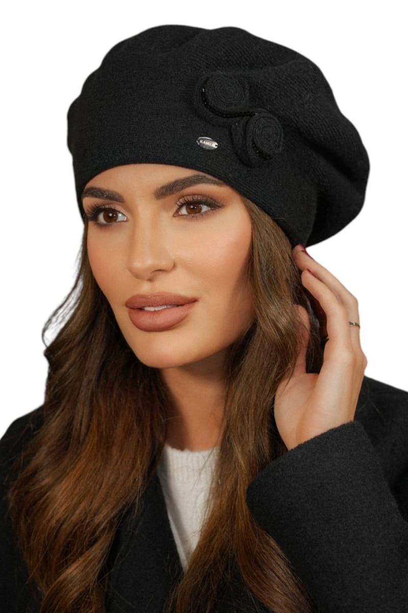 Beret Damski  Kolor  Czarny Zimowy Wełniany Kamea-Bara