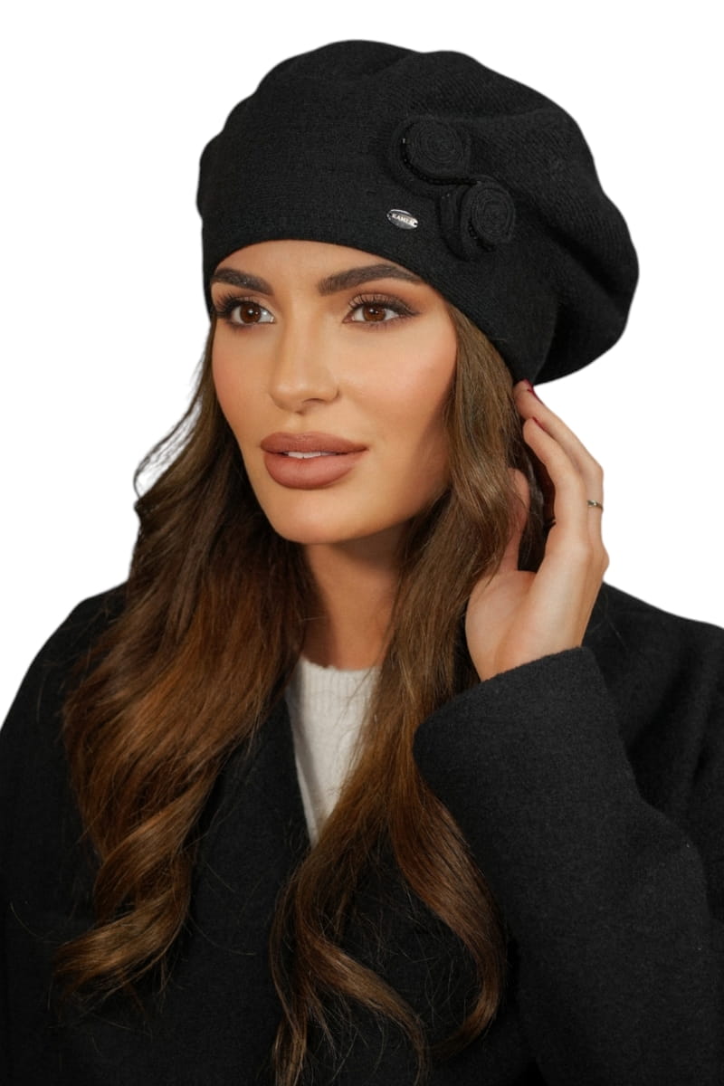 Beret Damski  Kolor  Czarny Zimowy Wełniany Kamea-Bara