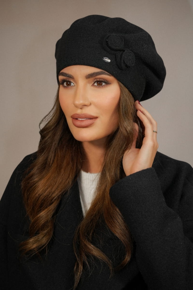 Beret Damski  Kolor  Czarny Zimowy Wełniany Kamea-Bara