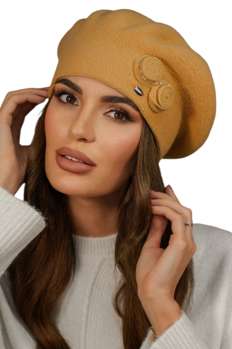 Beret Damski, Model: Bara, Kolor: miodowy, Skład materiału: 80% Wełna; 20% Poliamid, Przeznaczenie: Jesień/Zima, Rozmiar: Uniwersalny (54-60)