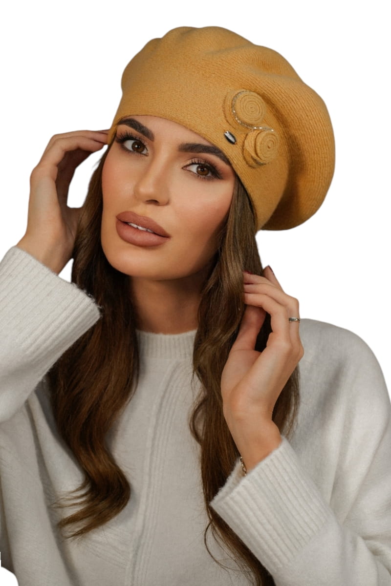 Beret Damski, Model: Bara, Kolor: miodowy, Skład materiału: 80% Wełna; 20% Poliamid, Przeznaczenie: Jesień/Zima, Rozmiar: Uniwersalny (54-60) (Beret Damski, zdjęcie 2)