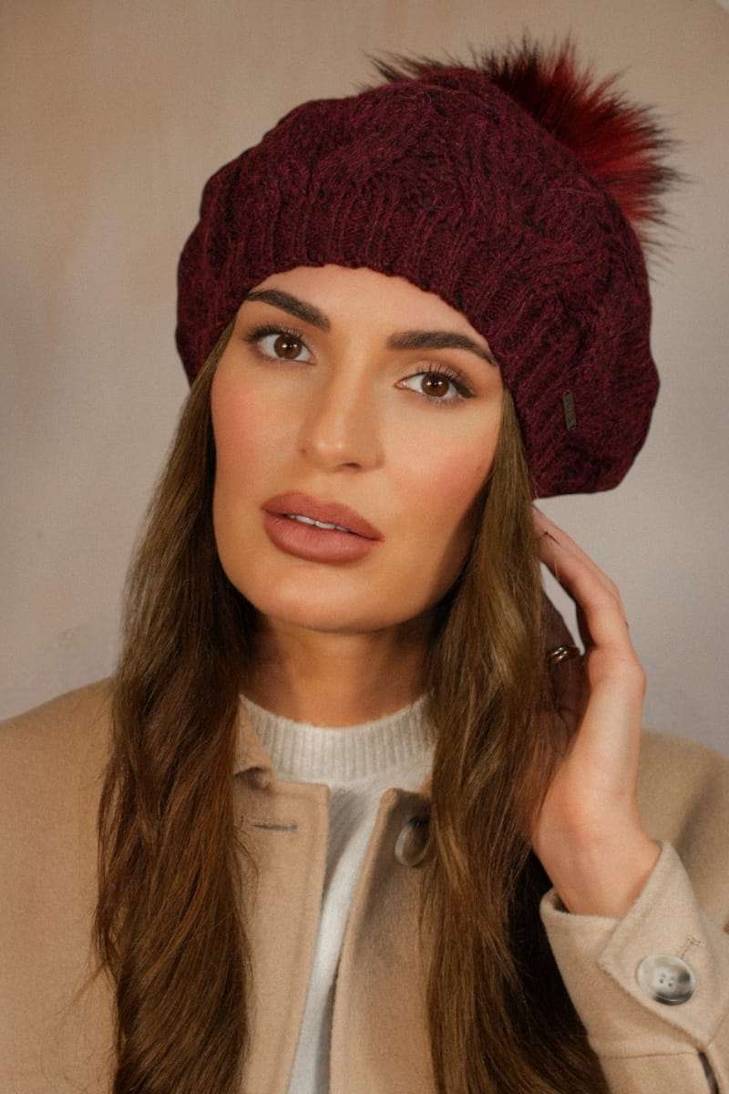 Beret Damski, Model: Zita, Kolor: bordowy, Skład materiału: 40% Wełna; 24% Poliakryl; 22% Alpaka; 14% Poliamid, Przeznaczenie: Jesień/Zima, Rozmiar: Uniwersalny (54-60) (Beret Damski, zdjęcie 2)