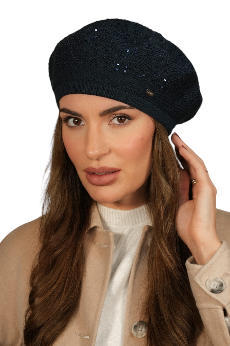 Beret Damski, Model: Piwonia, Kolor: granatowy, Skład materiału: 50% Akryl; 20% Wełna; 15% Poliamid; 15% Poliester, Przeznaczenie: Jesień/Zima, Rozmiar: Uniwersalny (54-60)