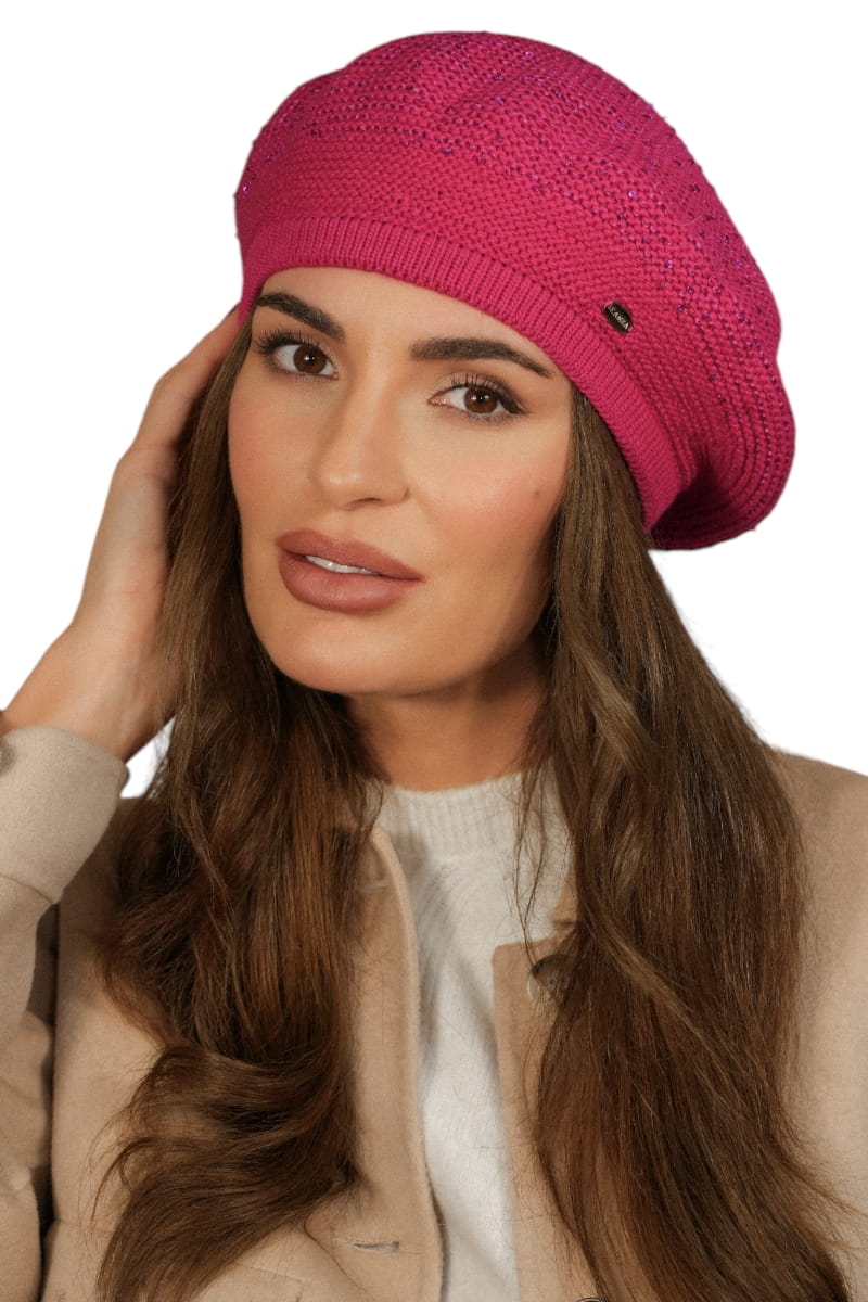 Beret Damski, Model: Piwonia, Kolor: malinowy, Skład materiału: 50% Akryl; 20% Wełna; 15% Poliamid; 15% Poliester, Przeznaczenie: Jesień/Zima, Rozmiar: Uniwersalny (54-60)