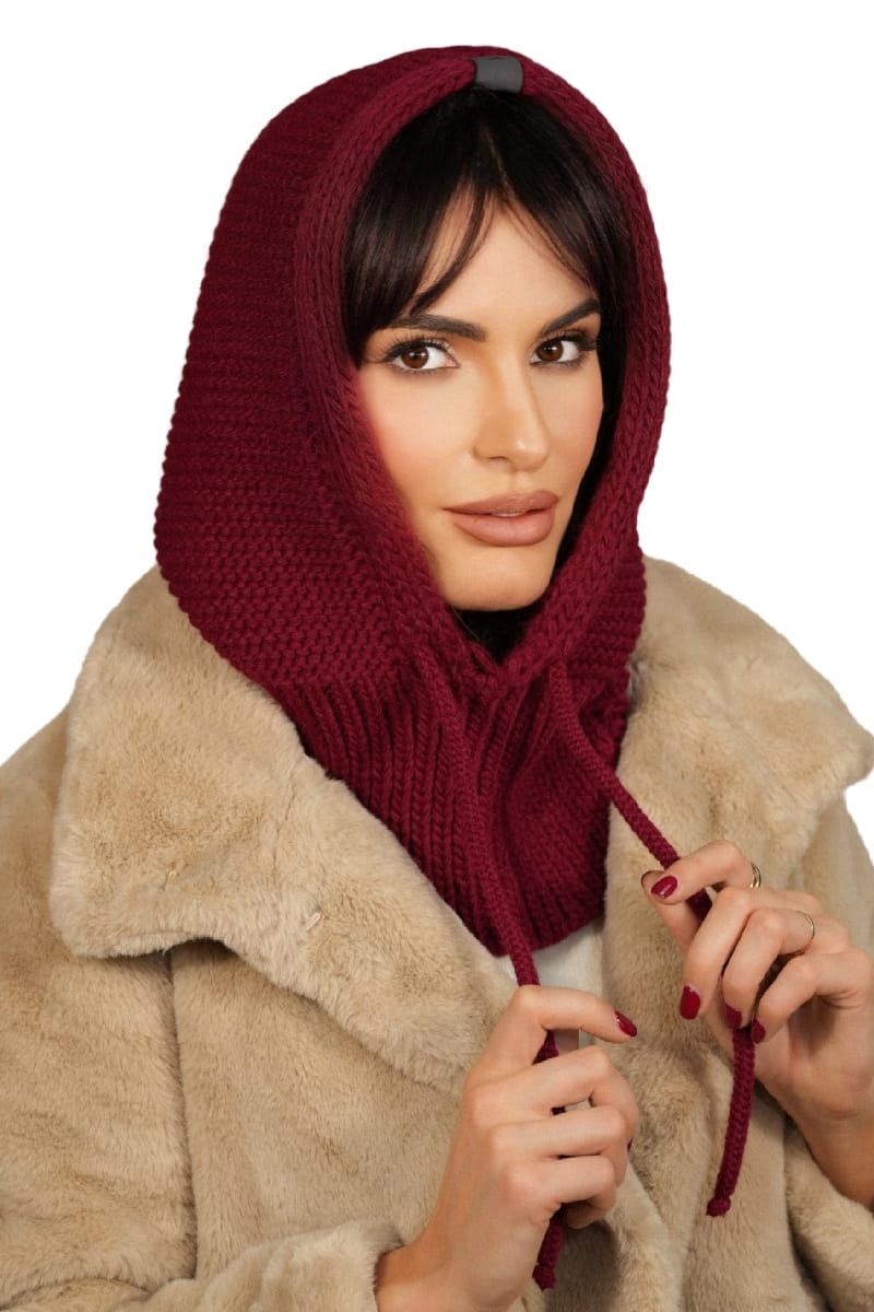 Kaptur Damski, Model: Kaptur-Majrag, Kolor: bordowy, Skład materiału: 85% Akryl; 15% Poliamid, Przeznaczenie: Jesień/Zima, Rozmiar: Uniwersalny