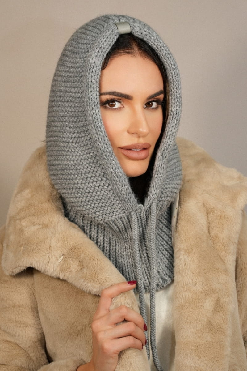 Kaptur Damski, Model: Kaptur-Majrag, Kolor: szary, Skład materiału: 85% Akryl; 15% Poliamid, Przeznaczenie: Jesień/Zima, Rozmiar: Uniwersalny (Kaptur Damski, zdjęcie 2)